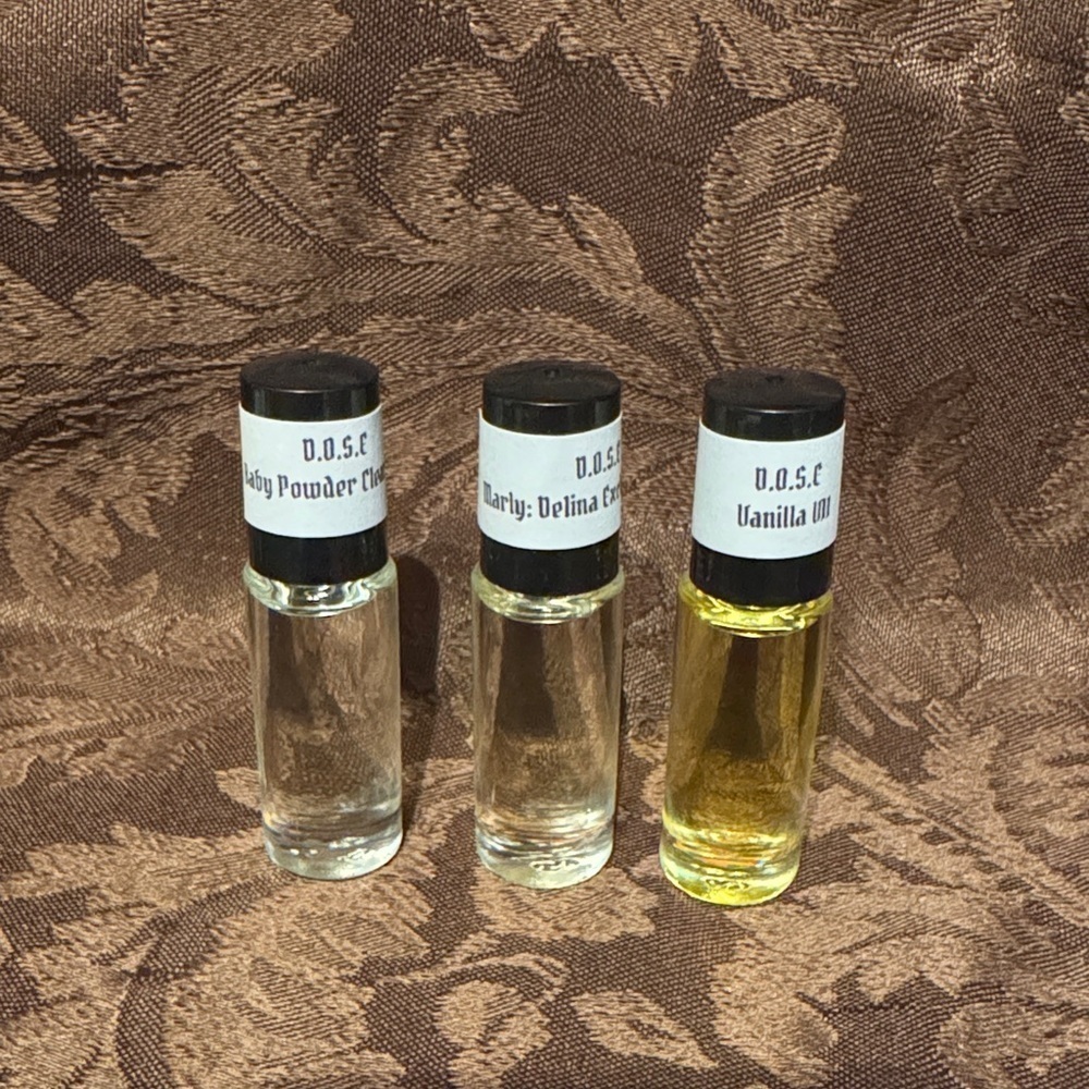 3 Roll-On Dram Bottles Tester Sample Oils Marley, Vanilla, & Baby Powder Clear